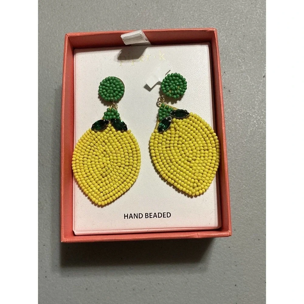 Piper K Dangle Hand Beaded Colorful Lemons? Earrings NIB Yellow‎ & Green